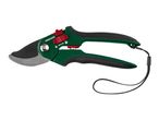 Green and black bypass pruning shears with a wrist strap and adjustable opening width.