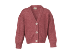 Rødmeleret cardigan med V-hals og hvide knapper.