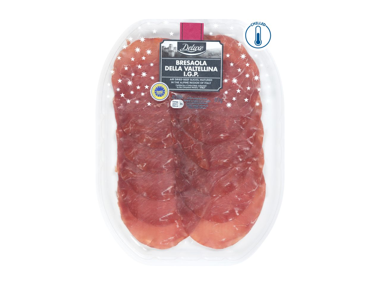 Chilled air-dried beef slices (Bresaola della Valtellina I.G.P.) in a clear plastic tray, 80g.