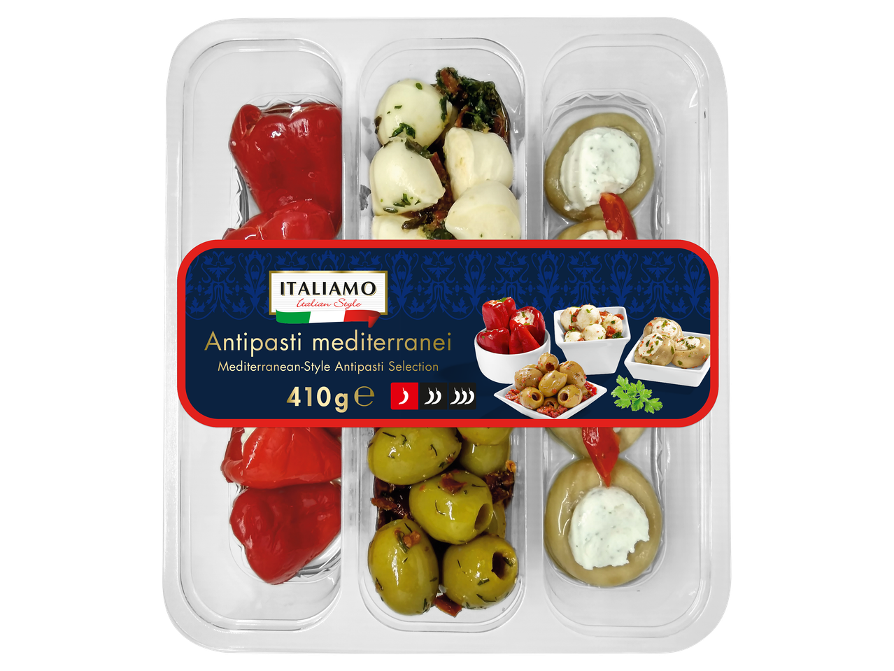 Mediterrán antipasti válogatás töltött paprikával, mozzarellával, gombával és olívabogyóval.