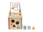 Wooden activity cube with bead maze, forest animal illustrations, and shape sorter with matching blocks.