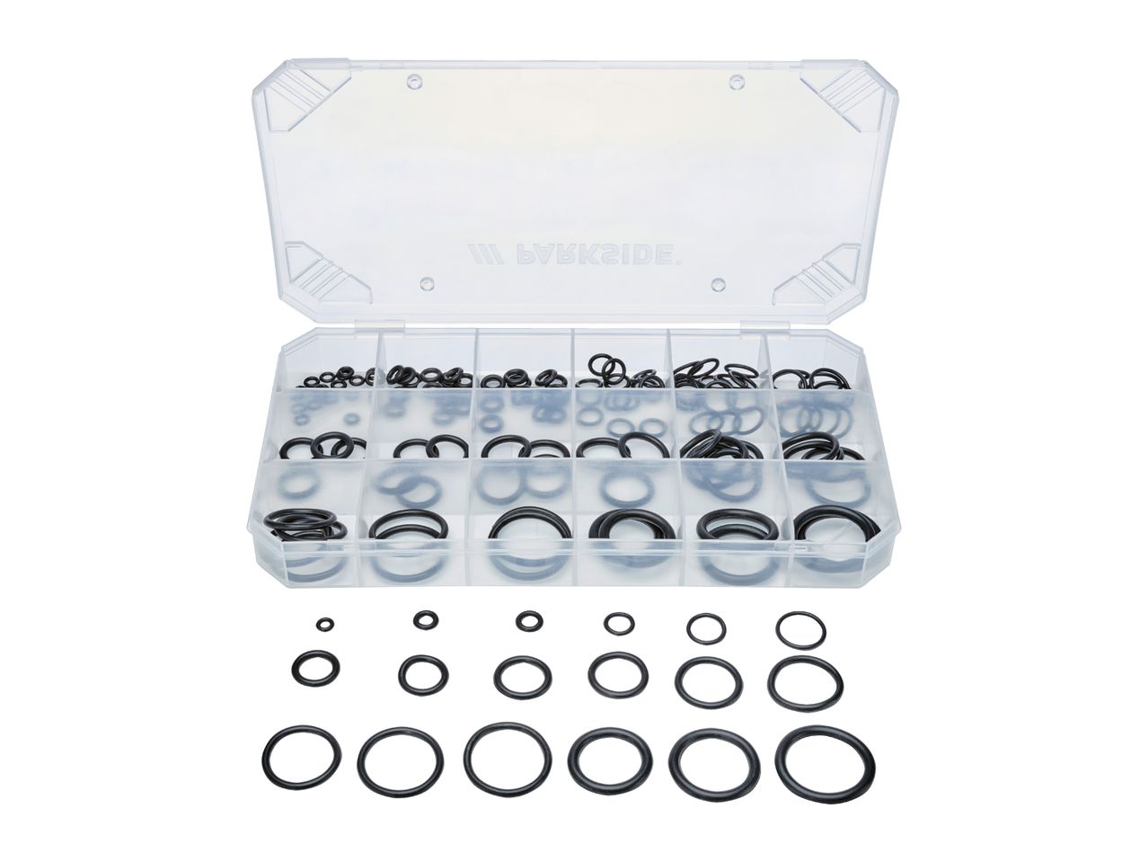 A clear plastic organizer box filled with various sizes of black O-rings, with more O-rings displayed below.