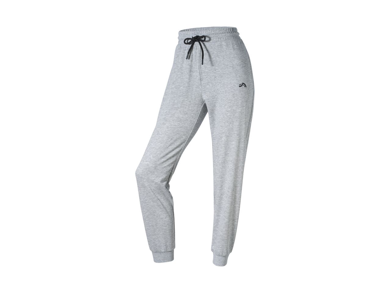 Light grey sweatpants with a black drawstring and a small black logo on the hip.