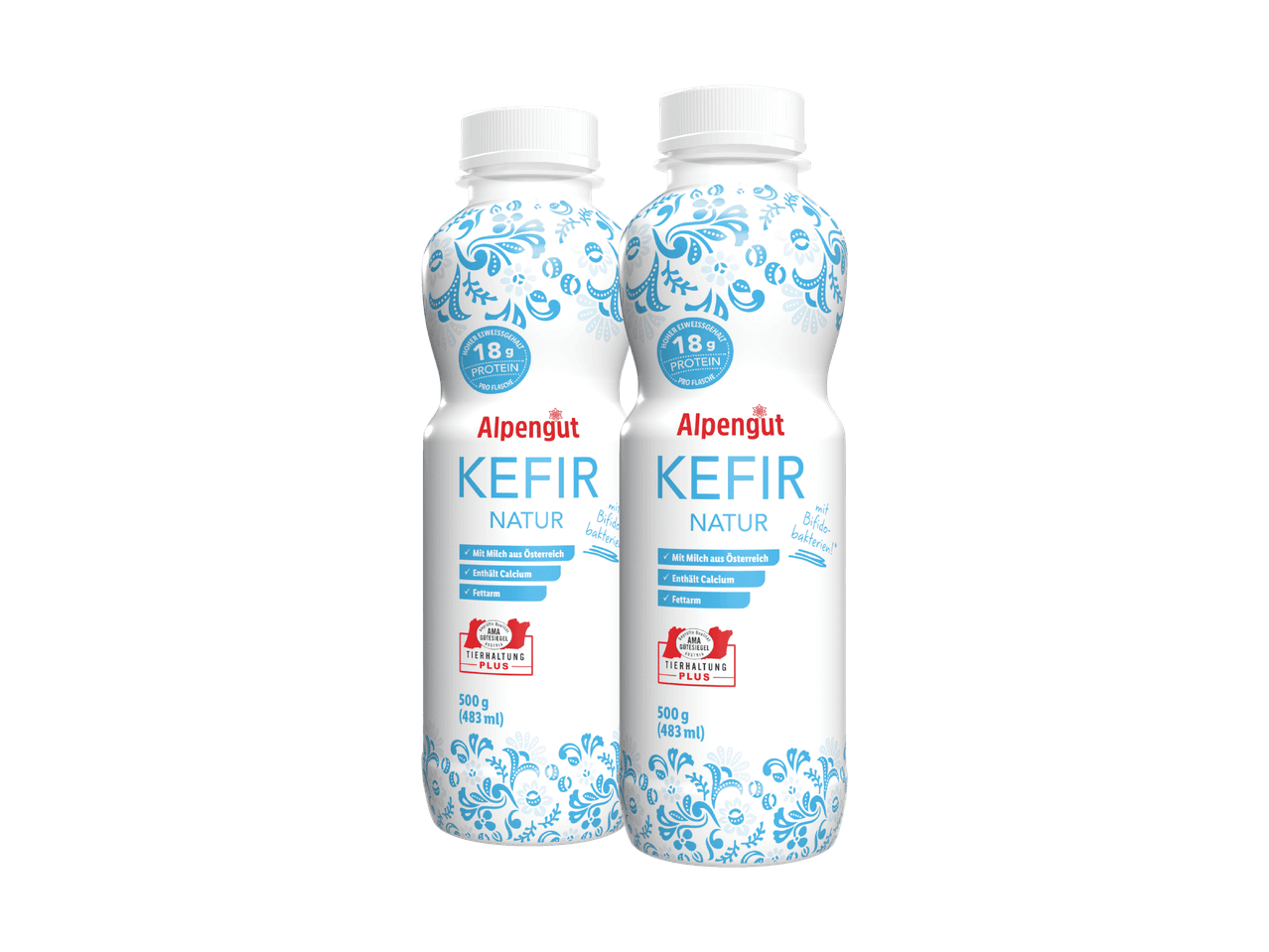 Zwei Flaschen Alpengut Kefir Natur mit 18g Protein, hergestellt in Österreich.