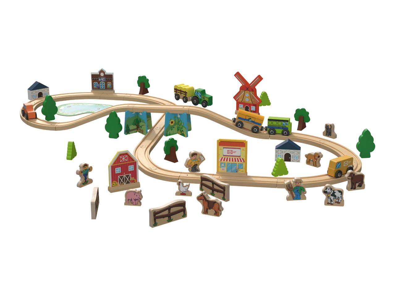 Wooden toy train set with tracks, vehicles, buildings, trees, and farm animals.