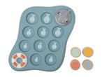 Children's fishing game with a shark, fish, and lifebuoy, plus four colorful wooden tokens.