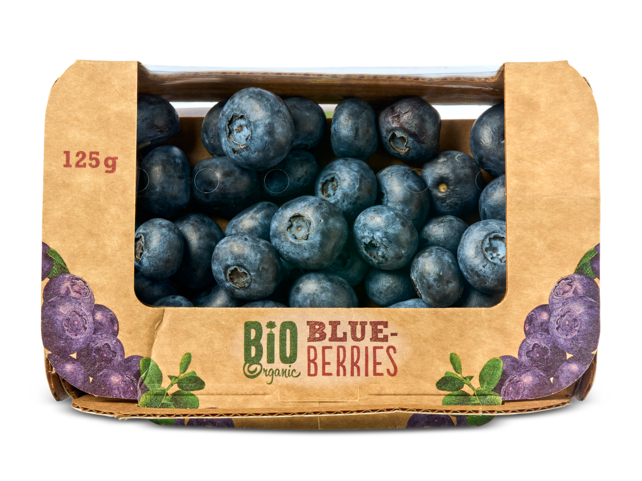Een 125g punnet Bio Blauwe Bessen op een zwarte achtergrond.