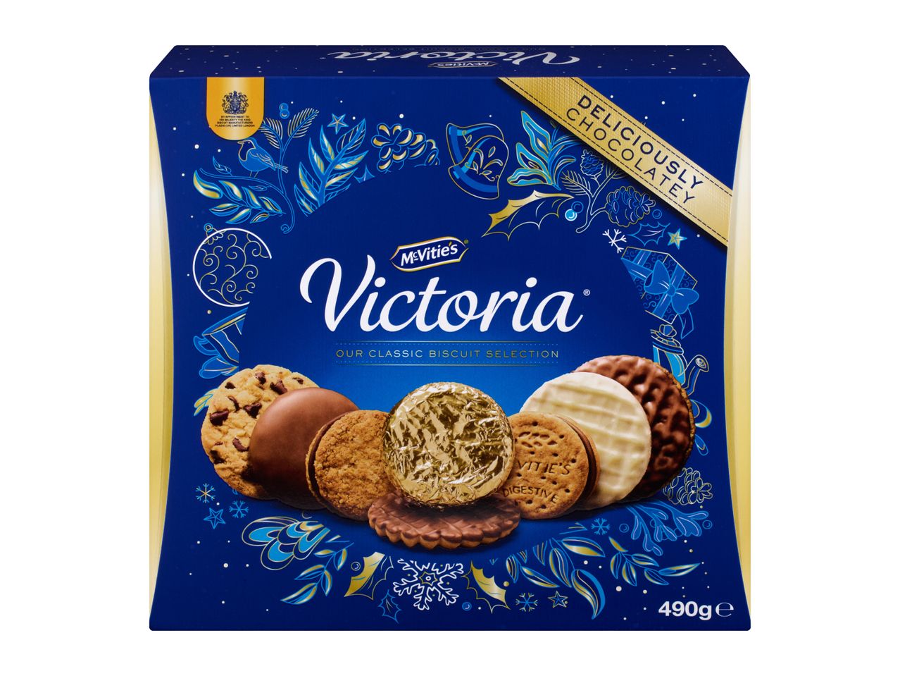 A festive blue box of chocolate biscuit selection, 490g.