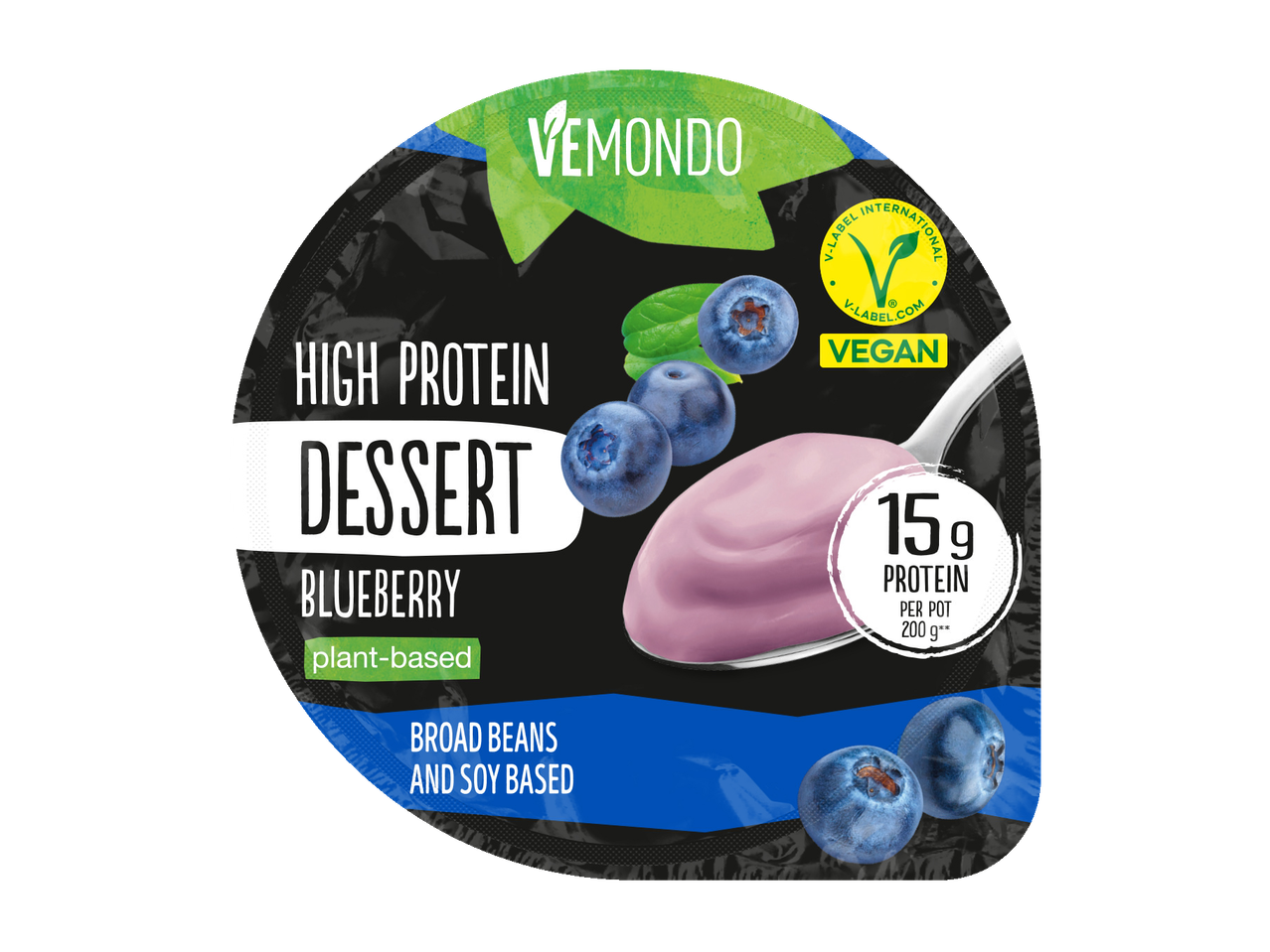 VEMONDO High Protein Bosbessen Dessert, plantaardig, op basis van tuinbonen en soja, 15g eiwit per pot van 200g, vegan.
