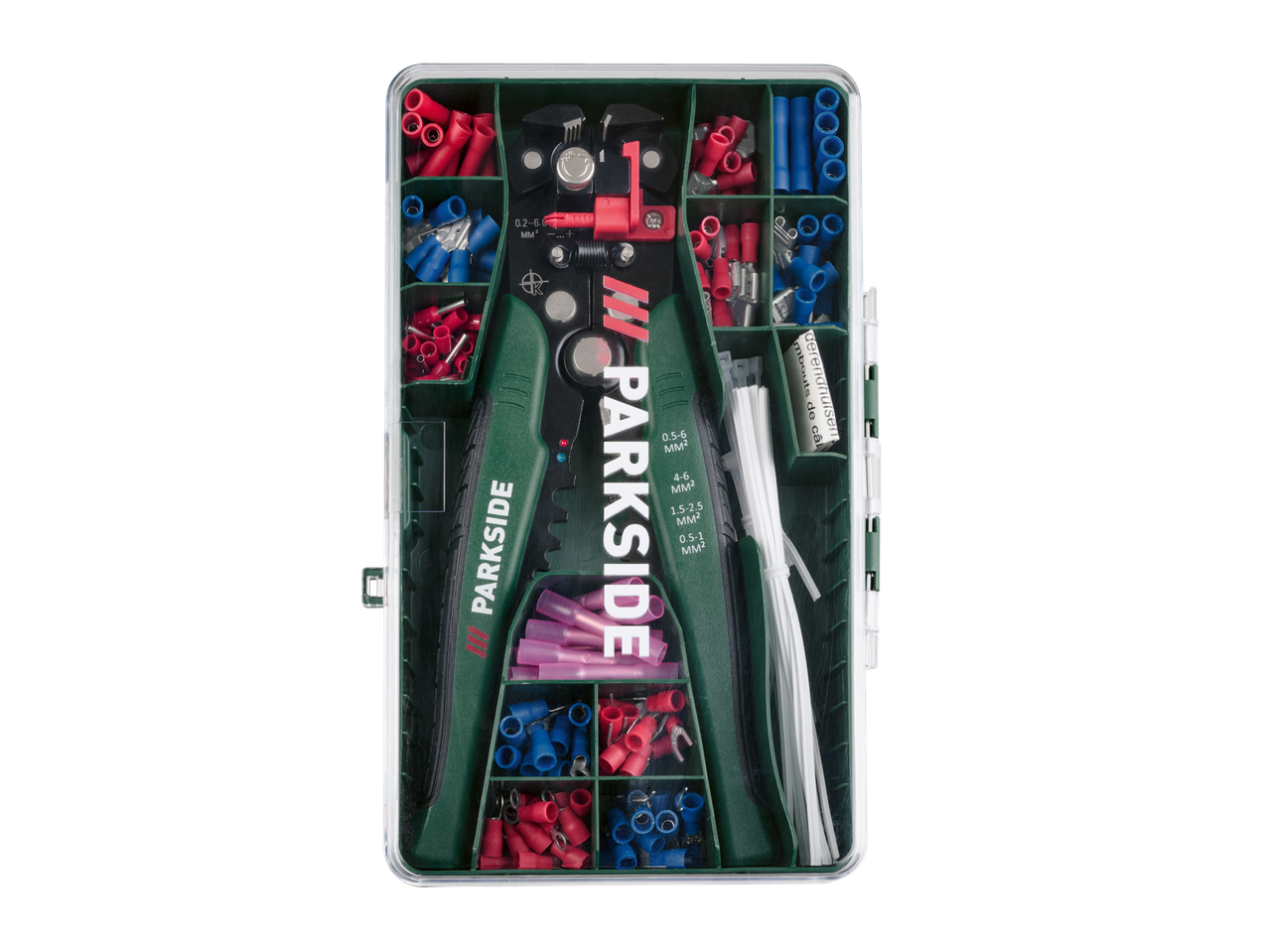 Conjunto de descarnadores de fios automáticos PARKSIDE com vários conectores numa caixa.