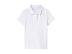 White short-sleeved polo shirt with a scalloped collar and two buttons.