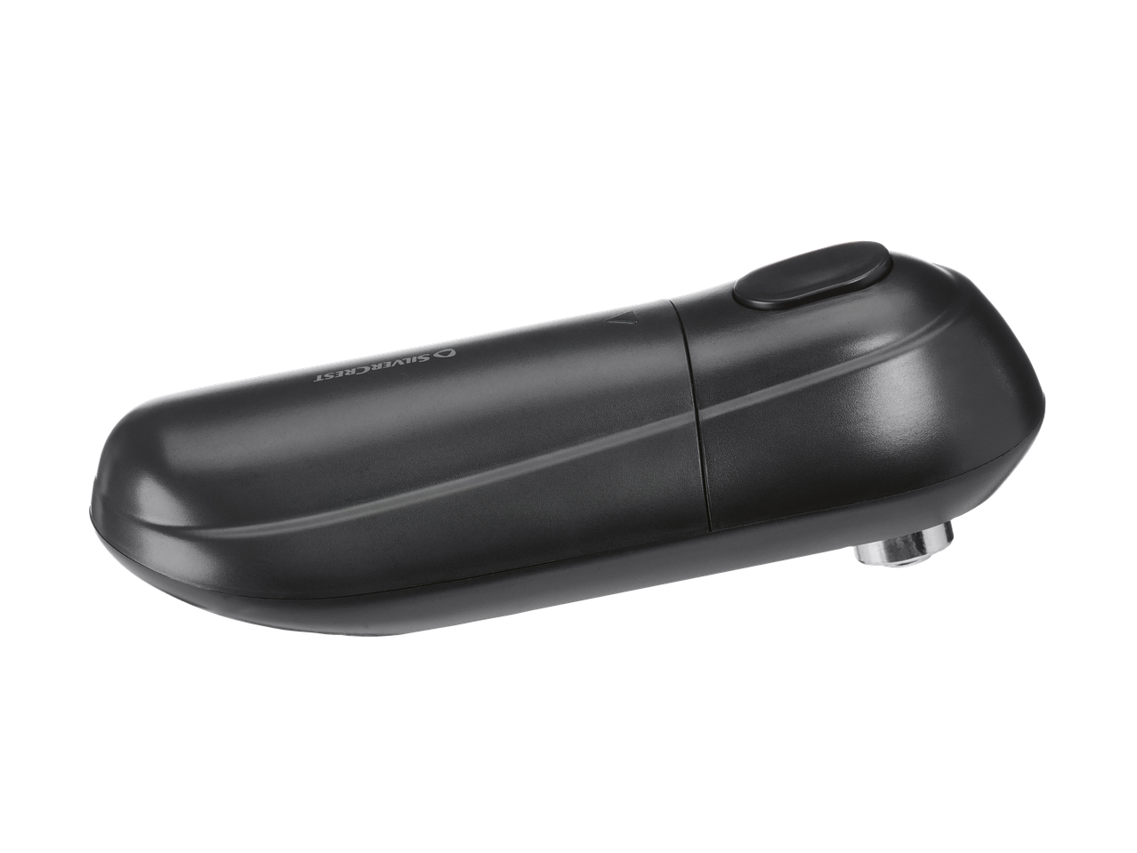 Black electric can opener with a button on top, angled on a black background.