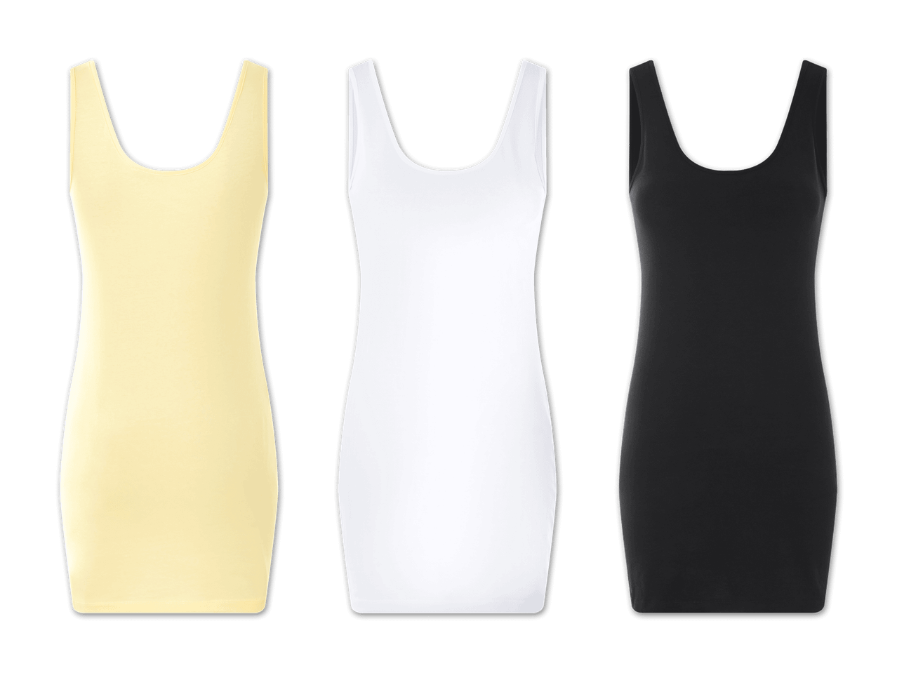 Drei schlichte, figurbetonte Tankkleider in beige, weiß und schwarz.