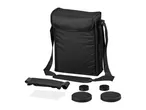 Black binoculars case with shoulder strap, lens caps, and cleaning cloths.