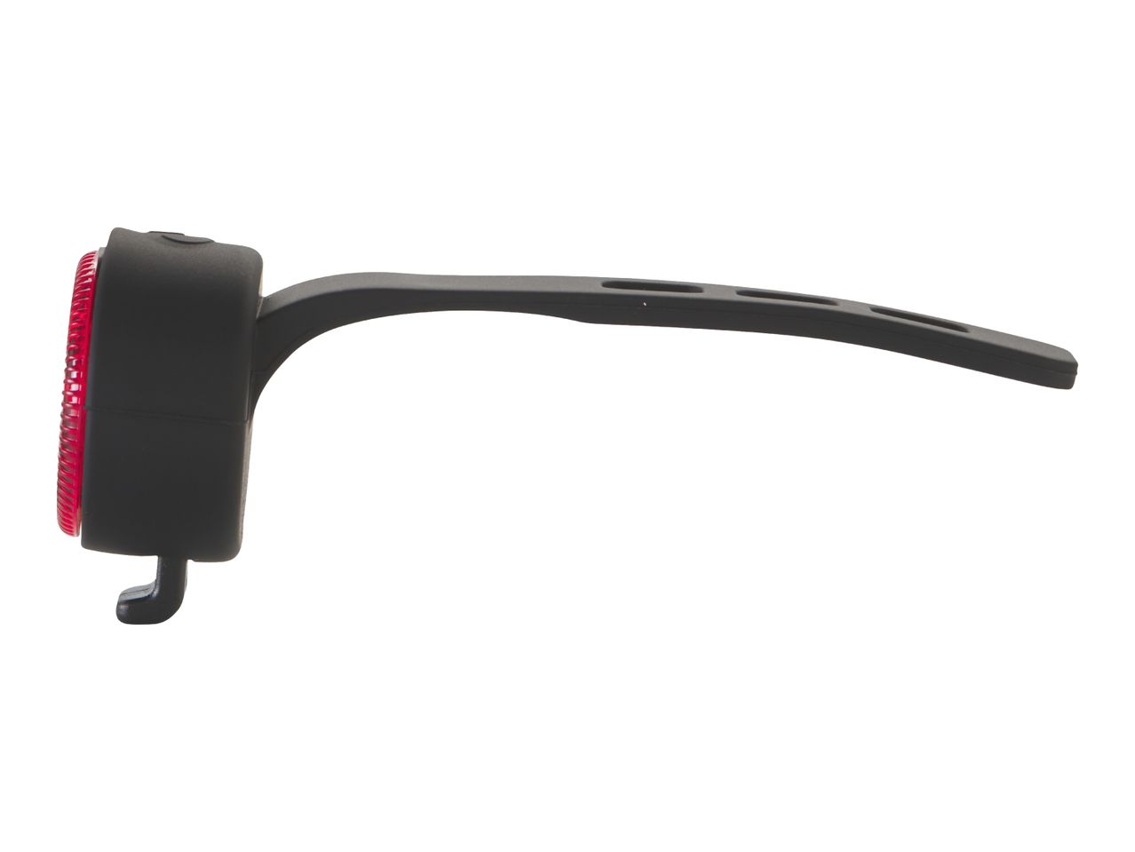 Side view of a black bike rear light with a red lens.