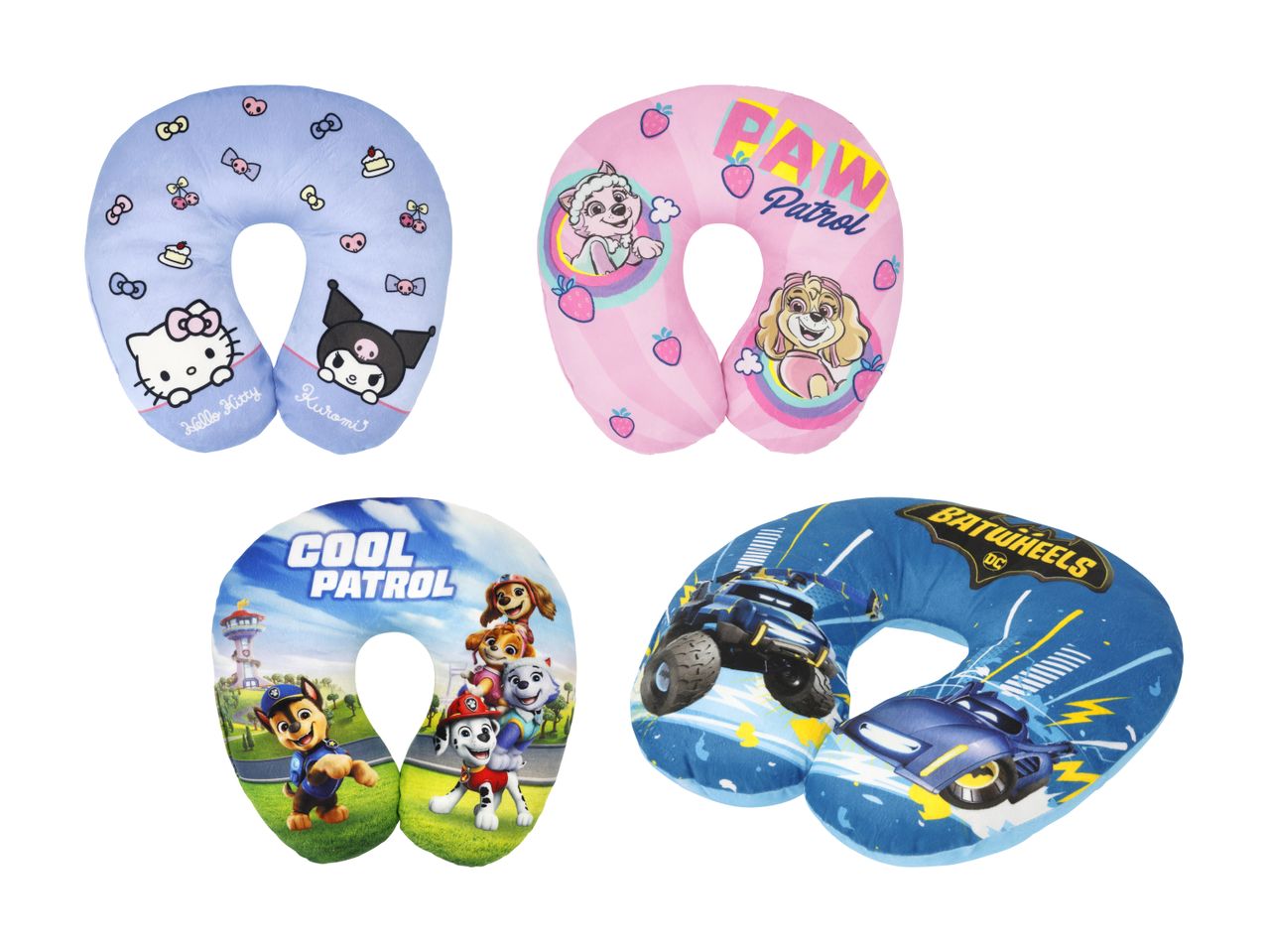Fire U-formede nakkepuder med tegneseriefigurer og temaer, herunder Hello Kitty, Paw Patrol og Batwheels.