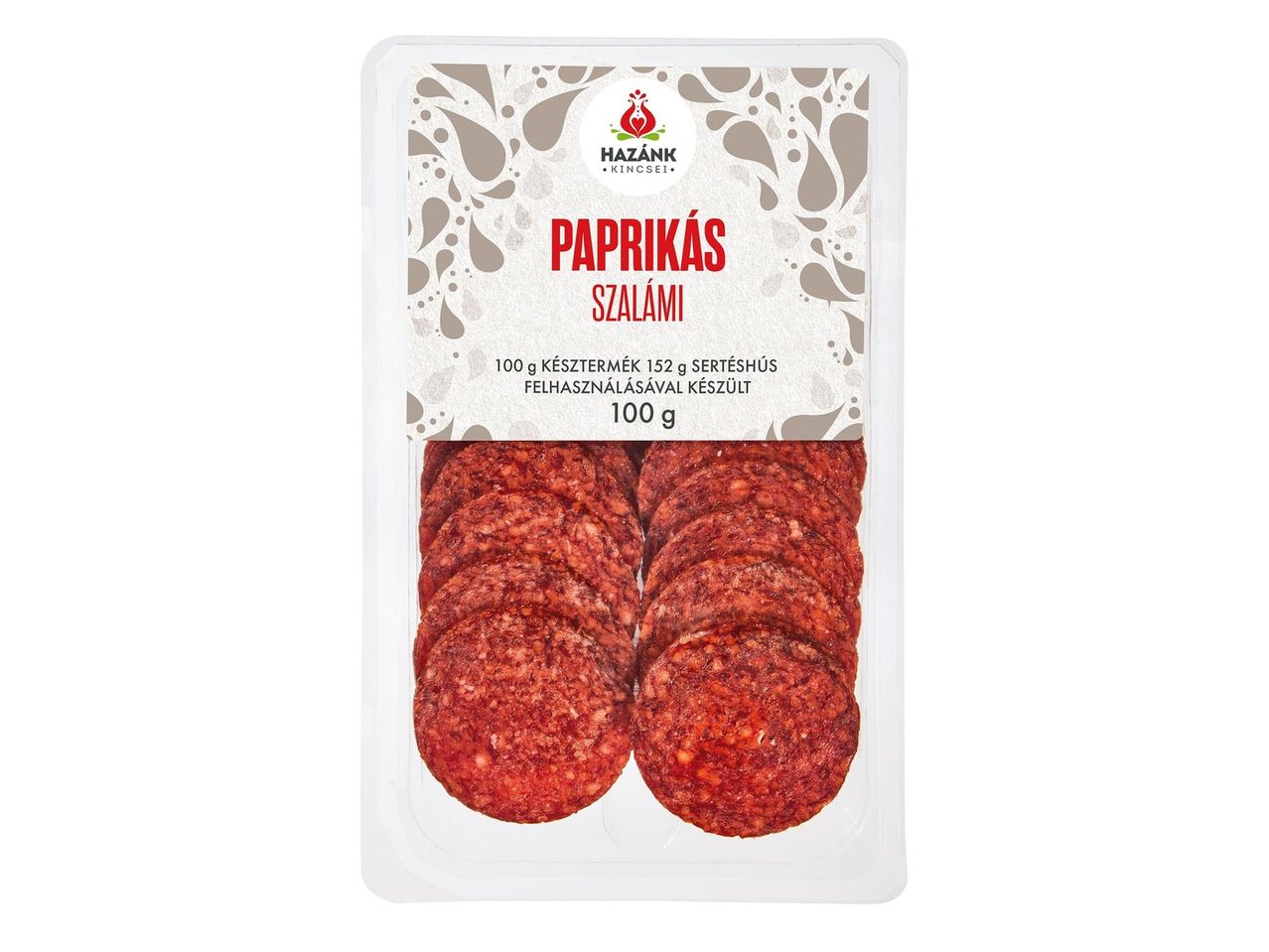 Házánk Kincsei paprikás szalámi: szeletelve.