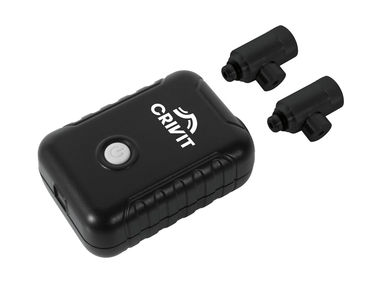 Black rectangular device with a power button and two small black cylindrical accessories.