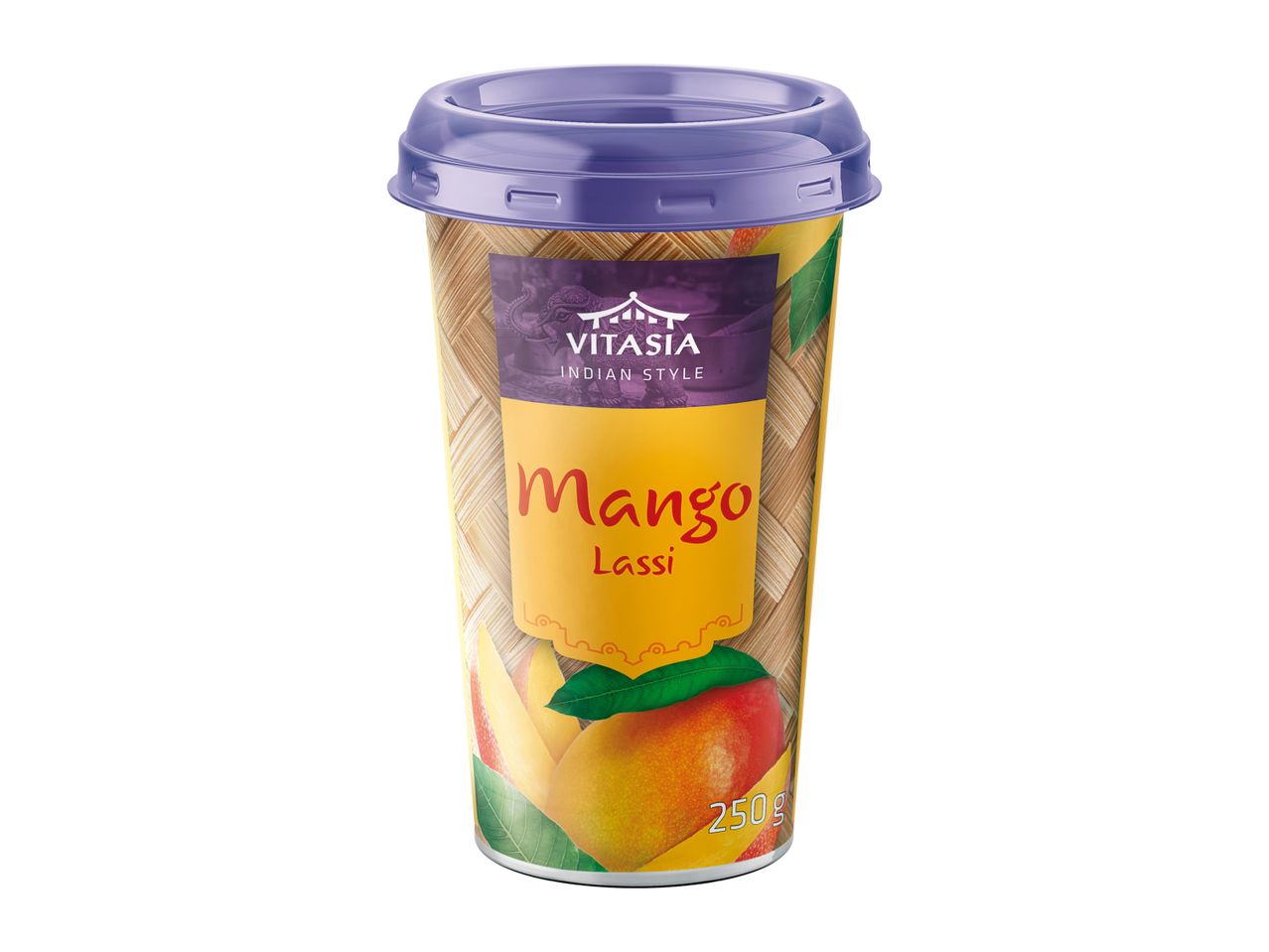 Mango Lassi drink in a cup with a purple lid, Indian style design, 250g.