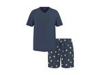 Men's navy blue short-sleeved V-neck pajama top with a pocket and lemon-patterned shorts.
