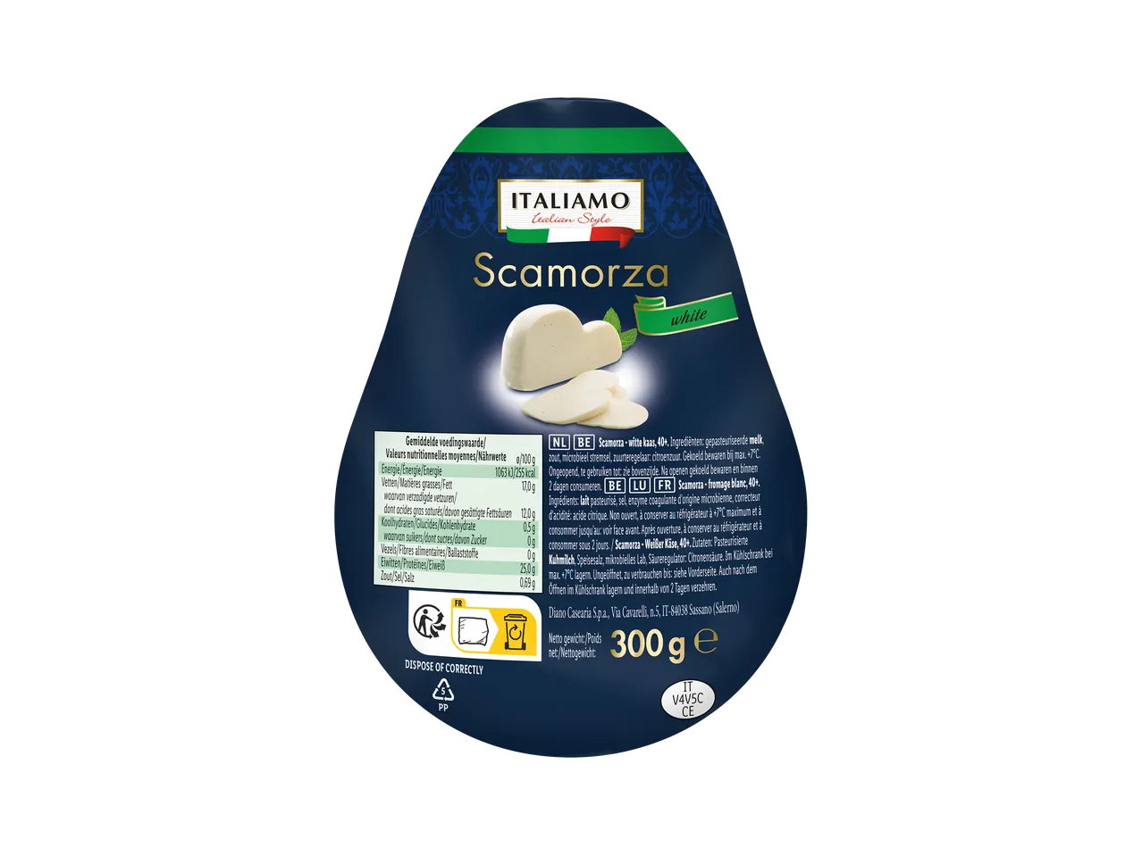 Fromage Scamorza blanc de 300g avec informations nutritionnelles et d'ingrédients.