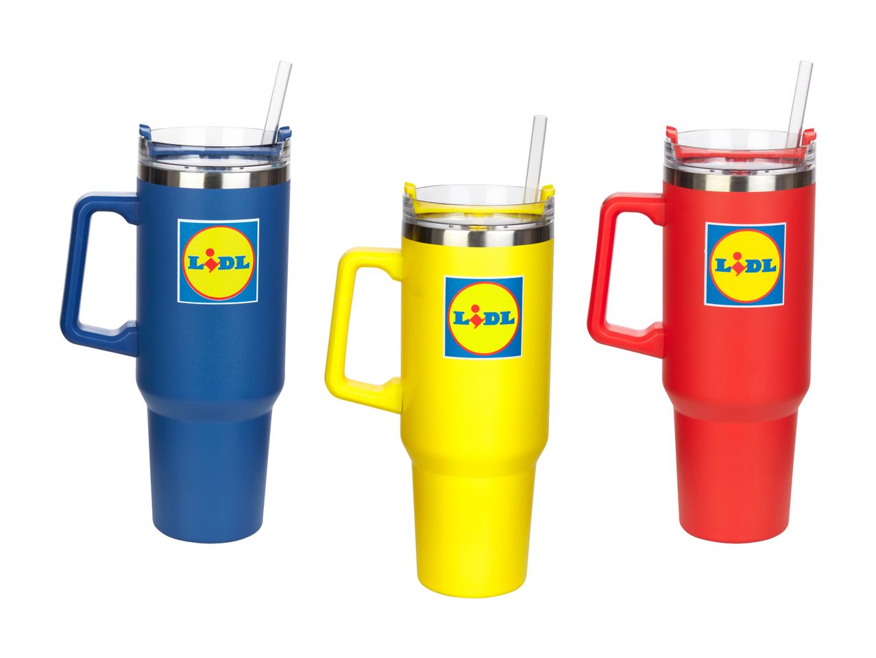 Tre farverige Lidl-krus med sugerør: blå, gul og rød.