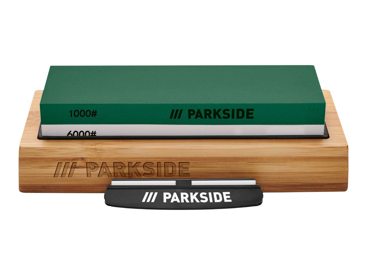 Parkside two-sided sharpening stone set with bamboo base and integrated honing steel.