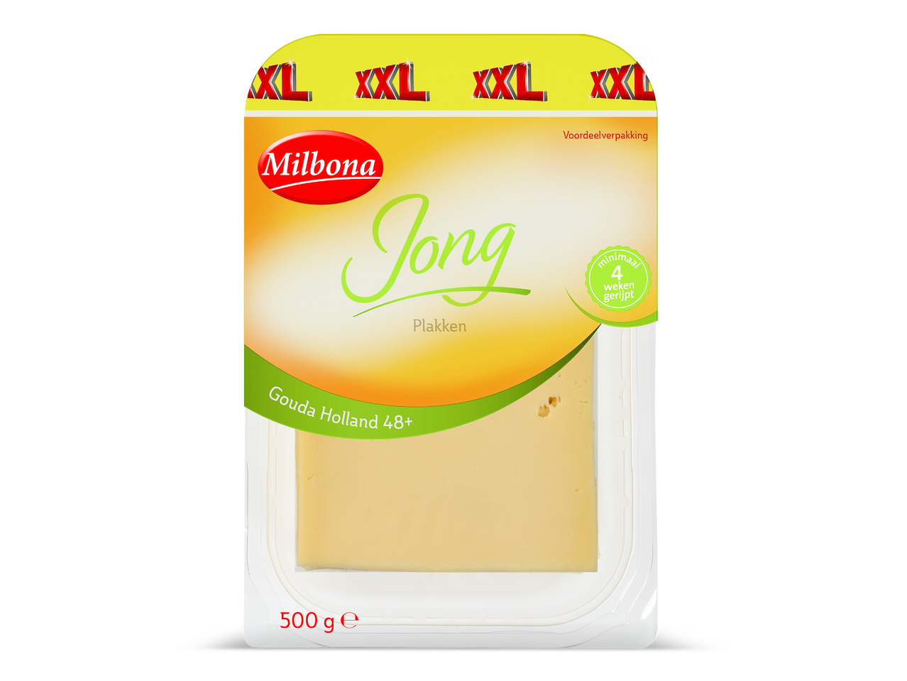 Verpakking met jonge Goudse Hollandse kaasplakken, 500g, minimaal 4 weken gerijpt.