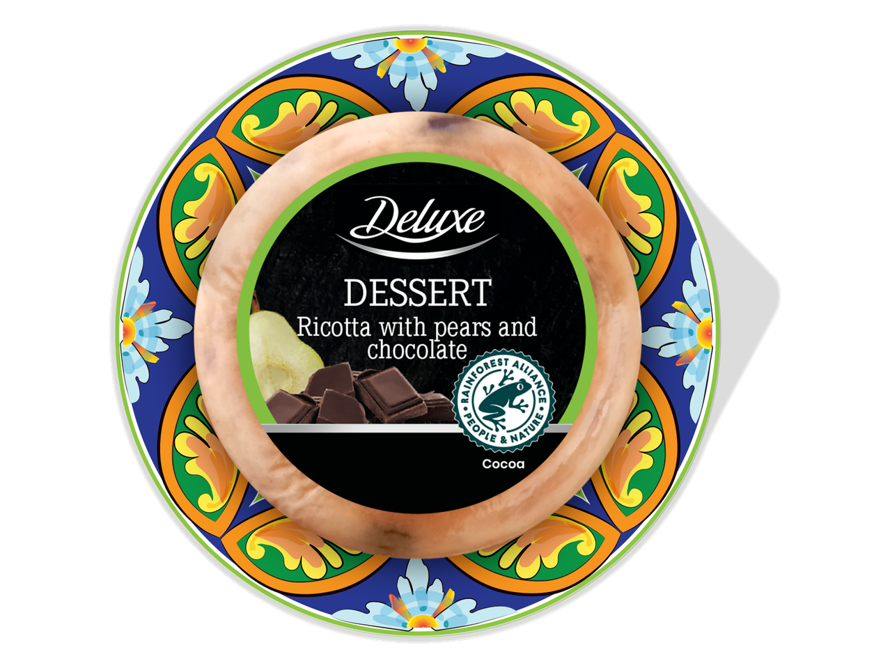 Deluxe rikotos desertas su kriaušėmis ir šokoladu, Rainforest Alliance sertifikuota kakava.