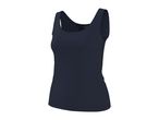 Dark blue women's tank top with a scoop neck, shown on a white background.