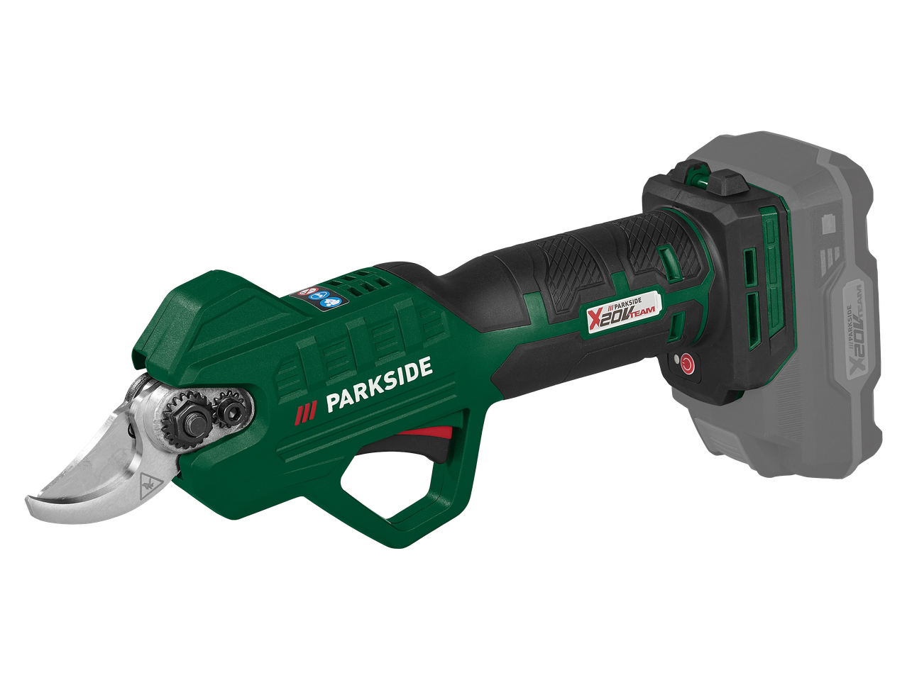 Akkumulátoros metszőolló zöld és fekete színben, szürke akkumulátorral.