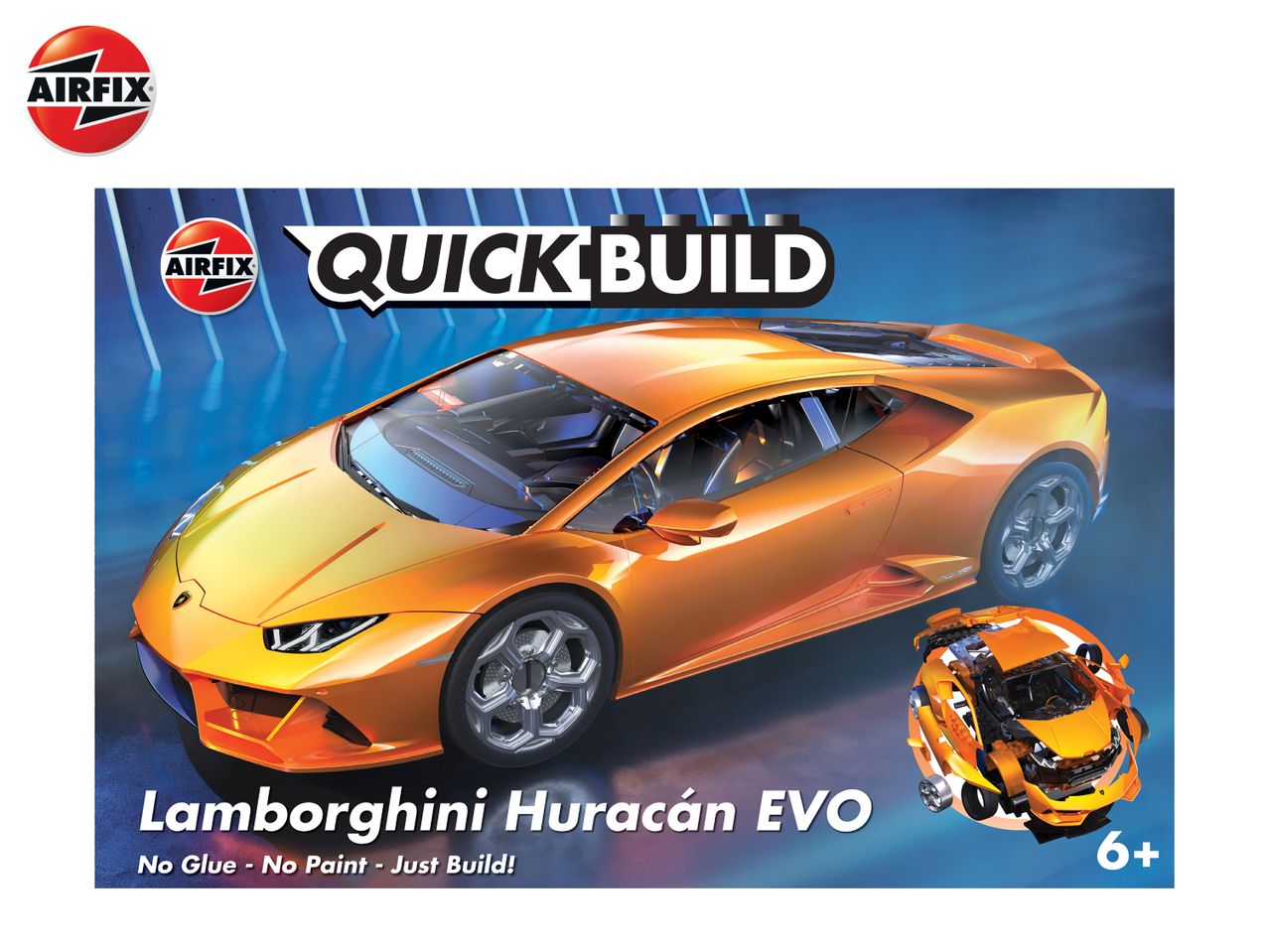 Quick Build model car kit of an orange Lamborghini Huracán EVO, for ages 6 and up.