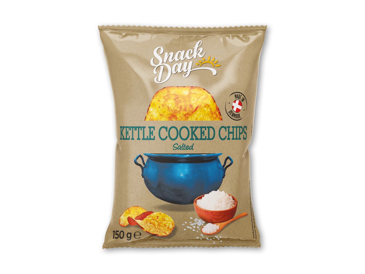 En pose saltede kedelchips med en illustration af en gryde og salt.