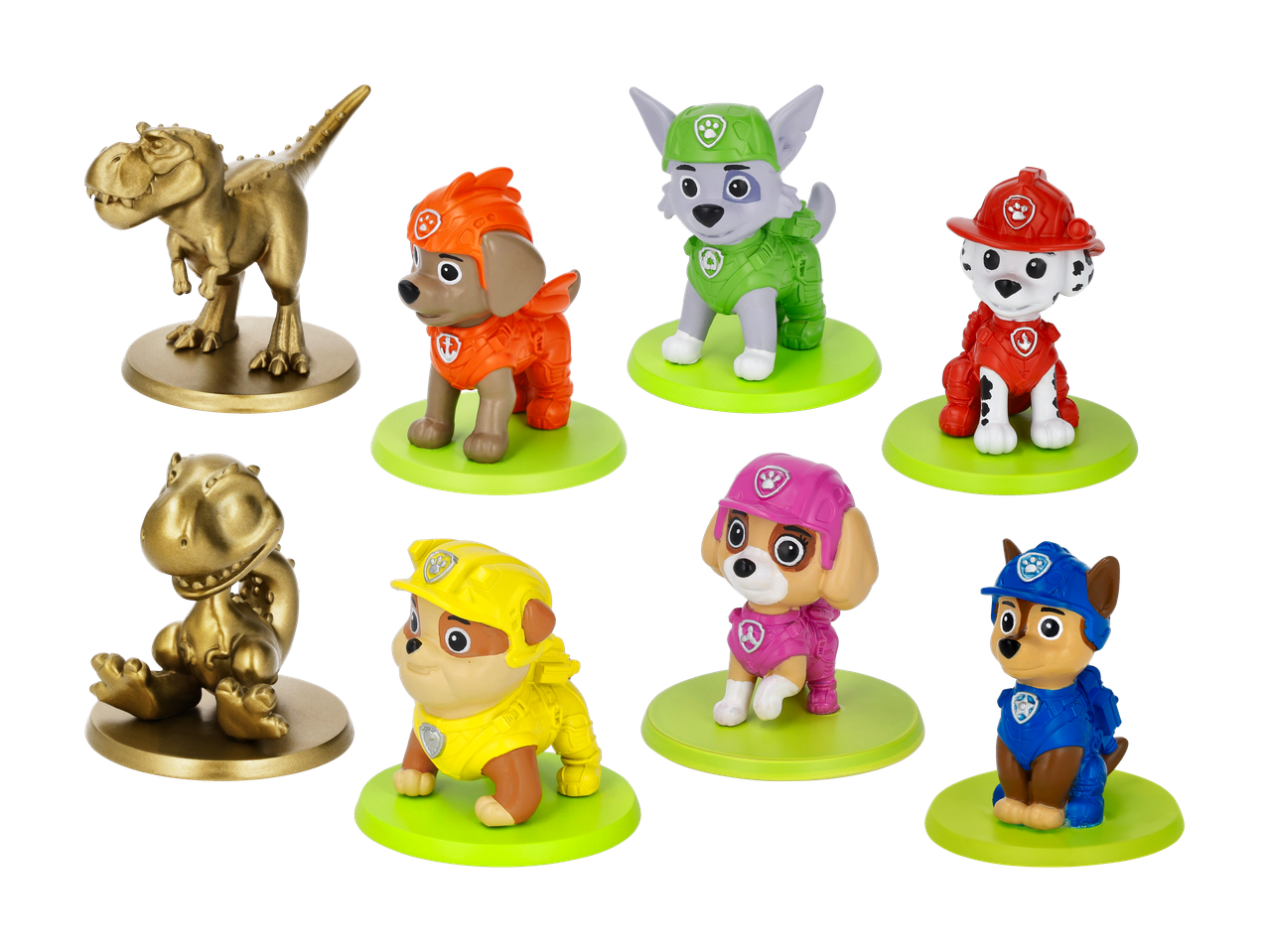 Otte figurer, herunder to gyldne dinosaurer og seks farverige hundefigurer i forskellige kostumer.