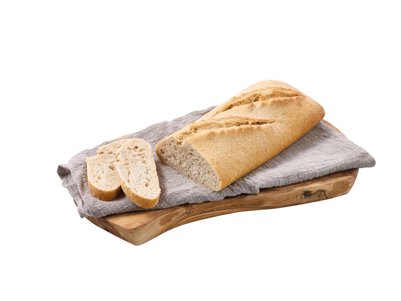 Leivapäts ja kaks viilu puidust laual linasest salvrätiku peal.