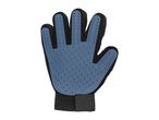 Pet grooming glove with blue silicone nubs and black mesh backing