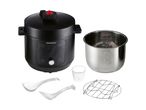 A black Bella 6-quart electric pressure cooker with stainless steel inner pot and accessories.