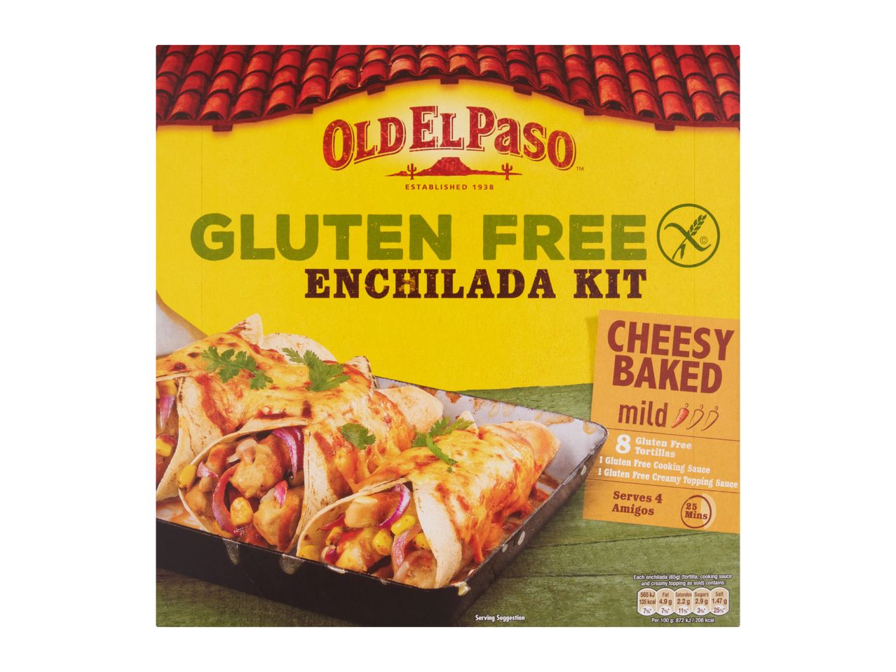 Gluten-free cheesy baked enchilada kit with 8 tortillas, cooking sauce, and topping sauce