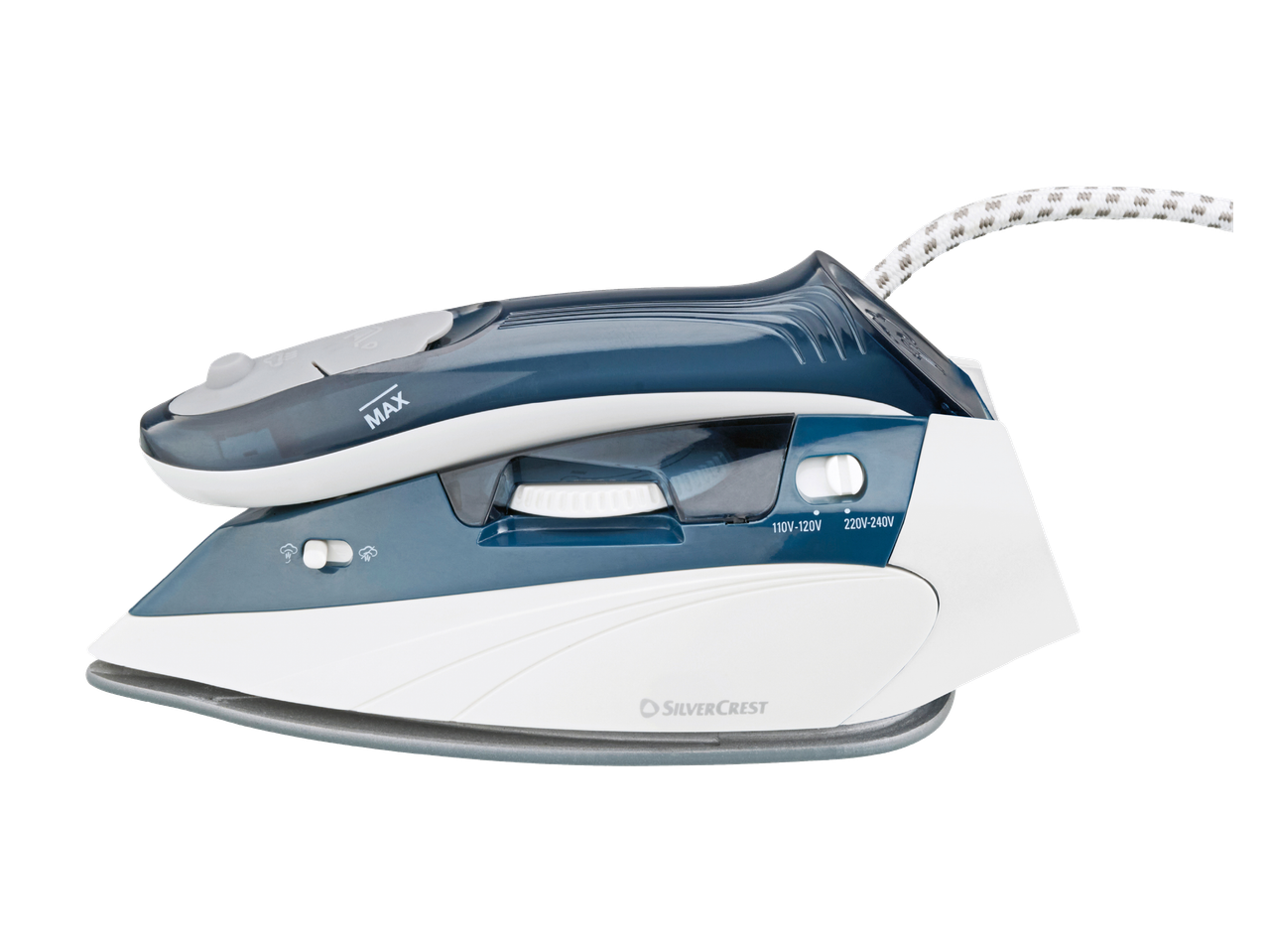 Парна ютия в бяло и тъмносиньо с кабел, стояща на черна повърхност.