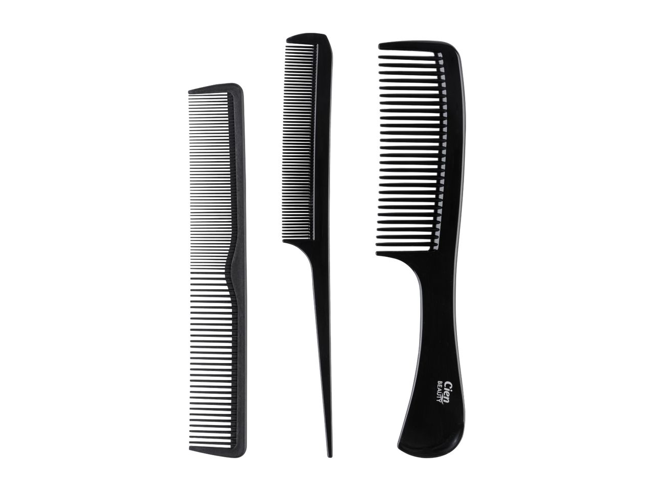 Three black hair combs of varying sizes and tooth spacing, one with a pointed handle.