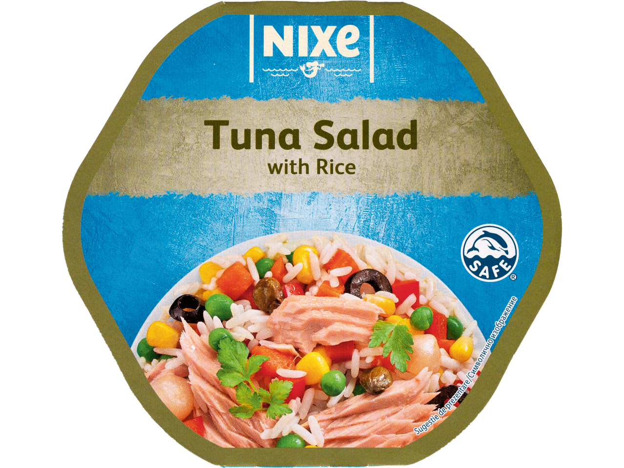 Ambalaj pentru salată de ton cu orez, cu logo-ul NIXE și sigla SAFE.