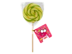 Groene en gele spiraalvormige lolly met een Fizzy merklabel, op een zwarte achtergrond.