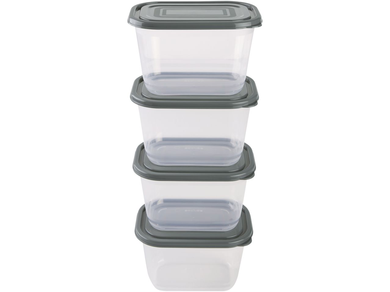 Stack of three gray-lidded, clear plastic food storage containers.