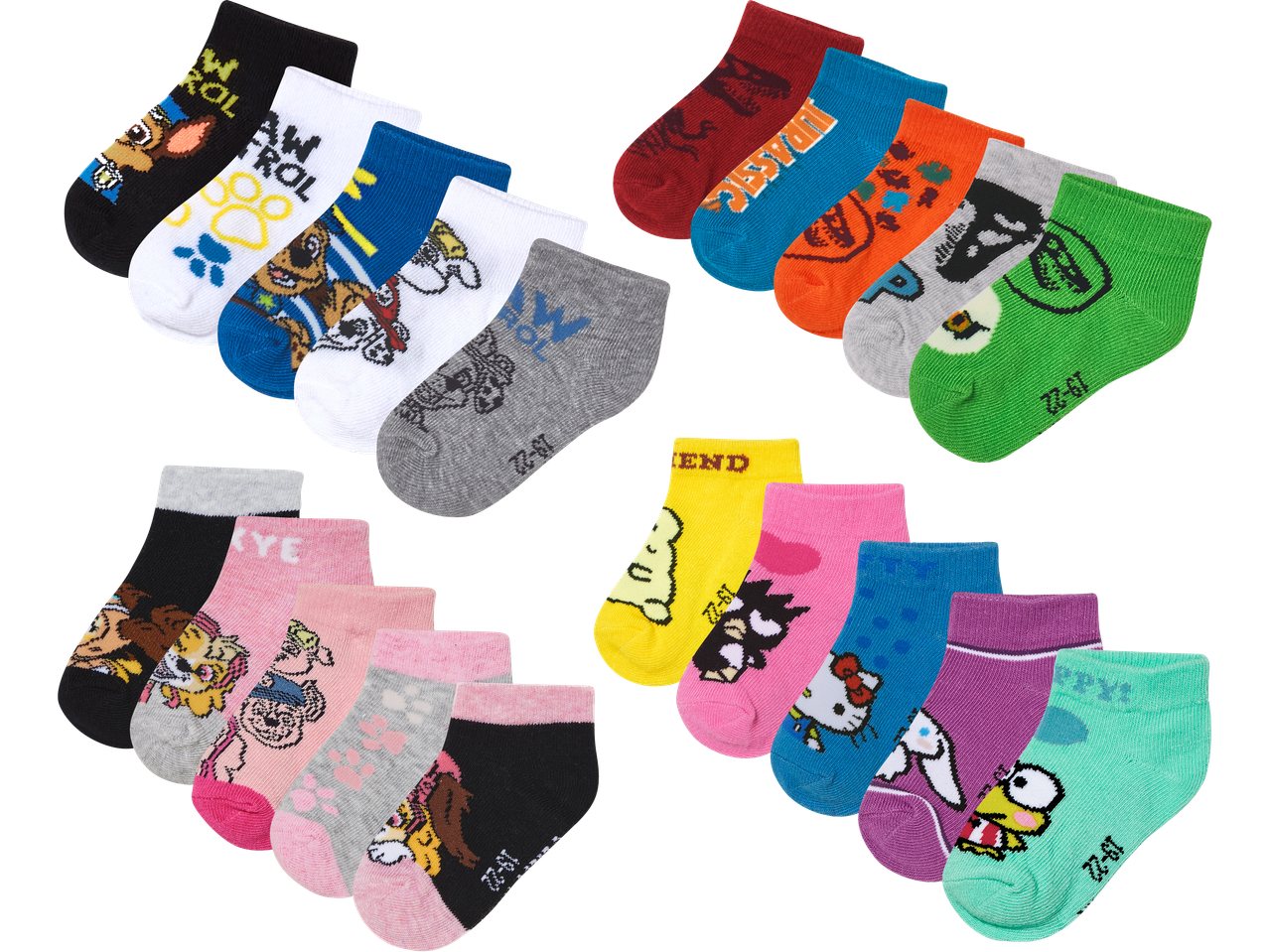 Tretton par barnsockor med Paw Patrol, Hello Kitty och andra motiv.