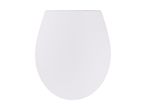 White toilet seat with a soft-close feature, viewed from above.