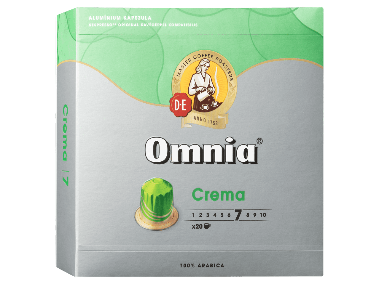 Zöld és ezüst színű kávékapszula doboz Crema felirattal és 7-es intenzitással.