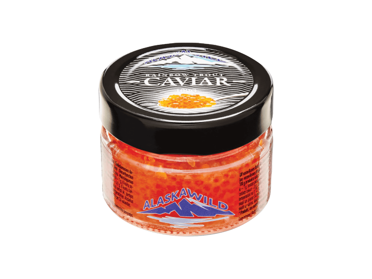 Klaaspurk forellimarjaga, musta kaanega, millel on kiri 'RAINBOW TROUT CAVIAR'