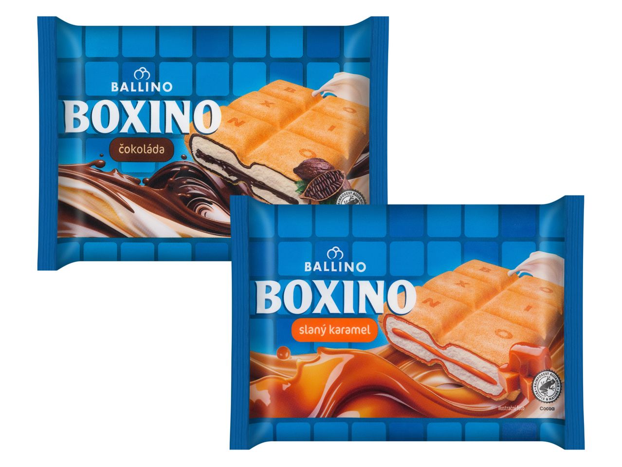 Ballino Boxino čokoládové a slané karamelové tyčinky.