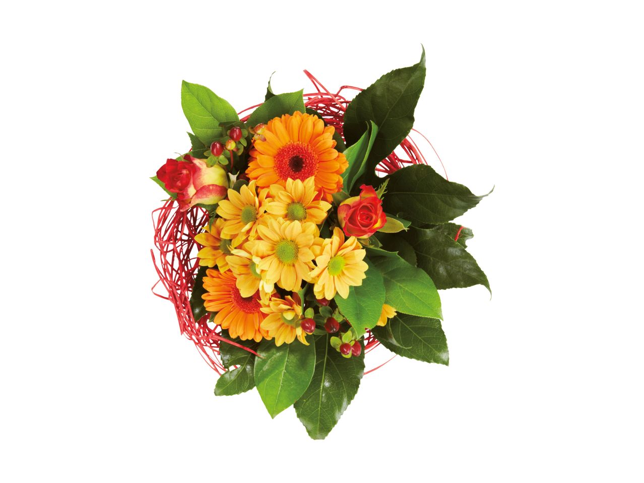 Farverig buket med orange gerbera, gule krysantemum og røde roser.