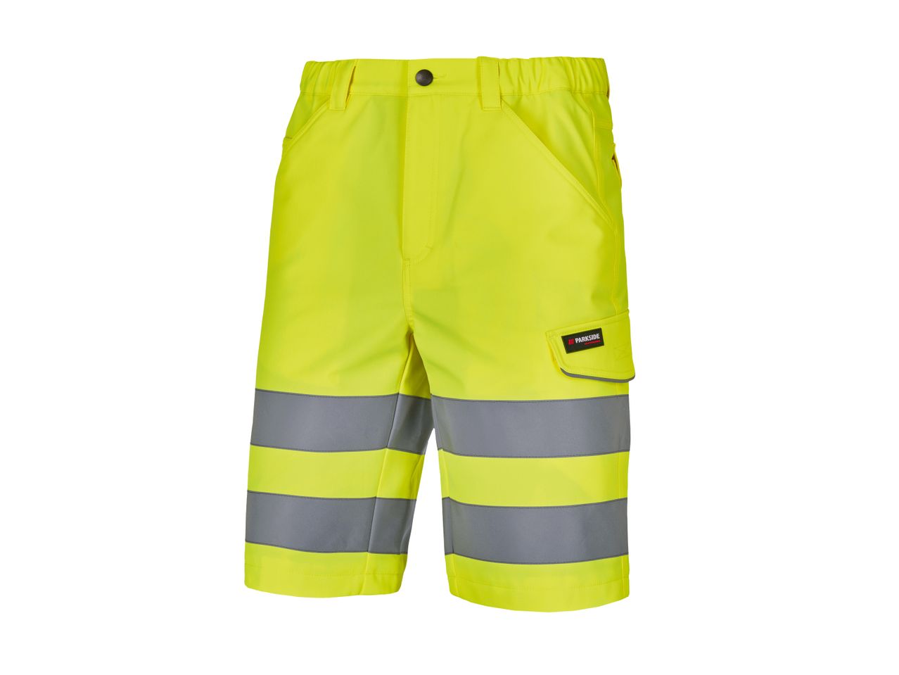 Shorts da lavoro gialli ad alta visibilità con bande riflettenti.